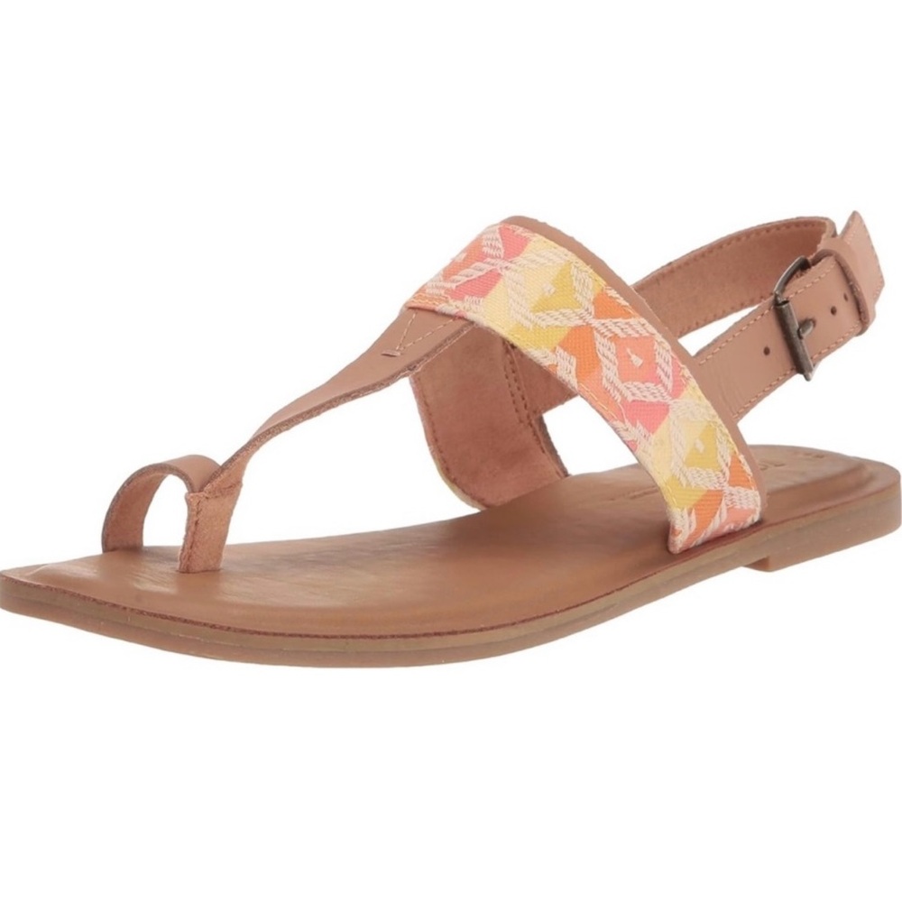 Toms Bree Sandals Honey Leather Woven Pink & Orange Trim Toe Loop Size 8.5